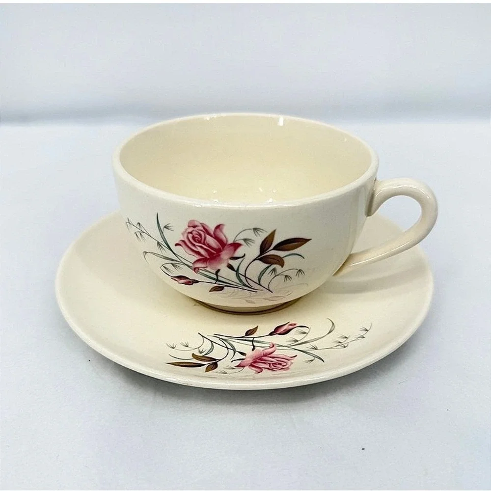 Pottery Cup and Saucer‎ Set Floral Pink Rose Vintage Tea Set Cottage Core Shabby